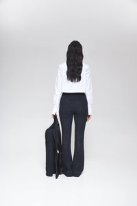MORANDI GREY-BLUE HIGH-WAIST FLARED TROUSERS