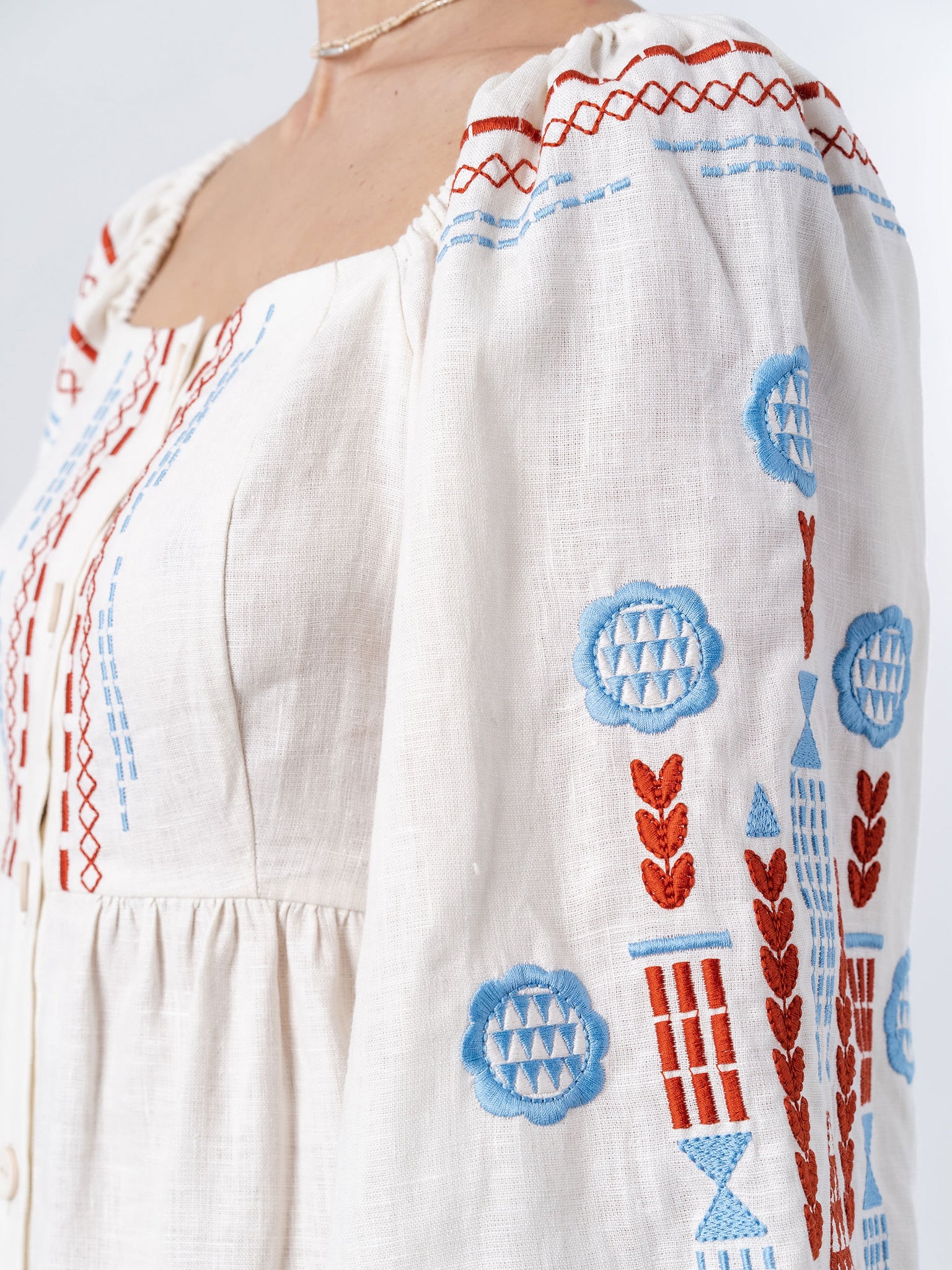 ETNODIM Linen embroidered dress with milk color MOZAIKA