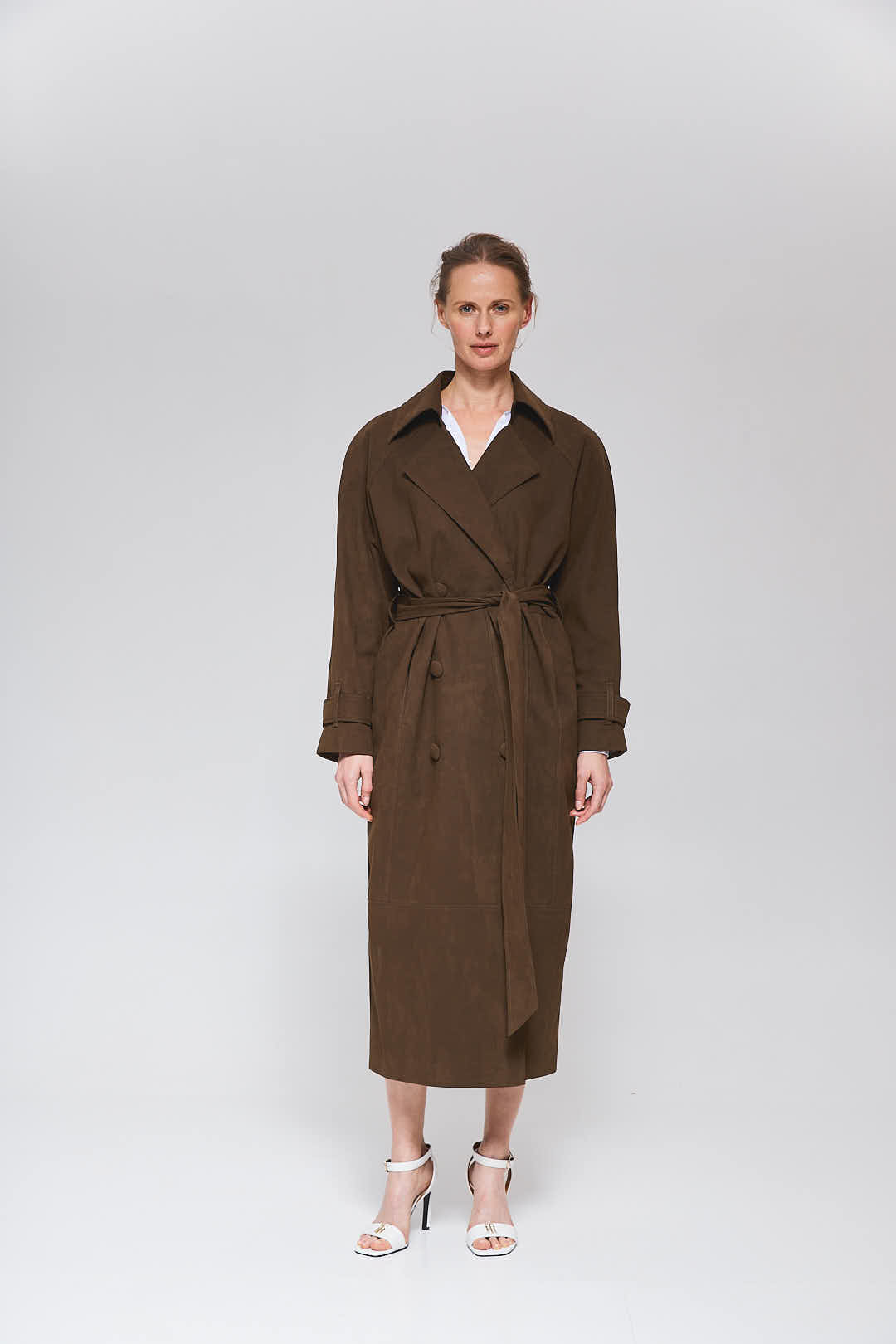 MORANDI DARK BROWN FAUX SUEDE TRENCH COAT