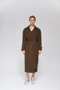 MORANDI DARK BROWN FAUX SUEDE TRENCH COAT