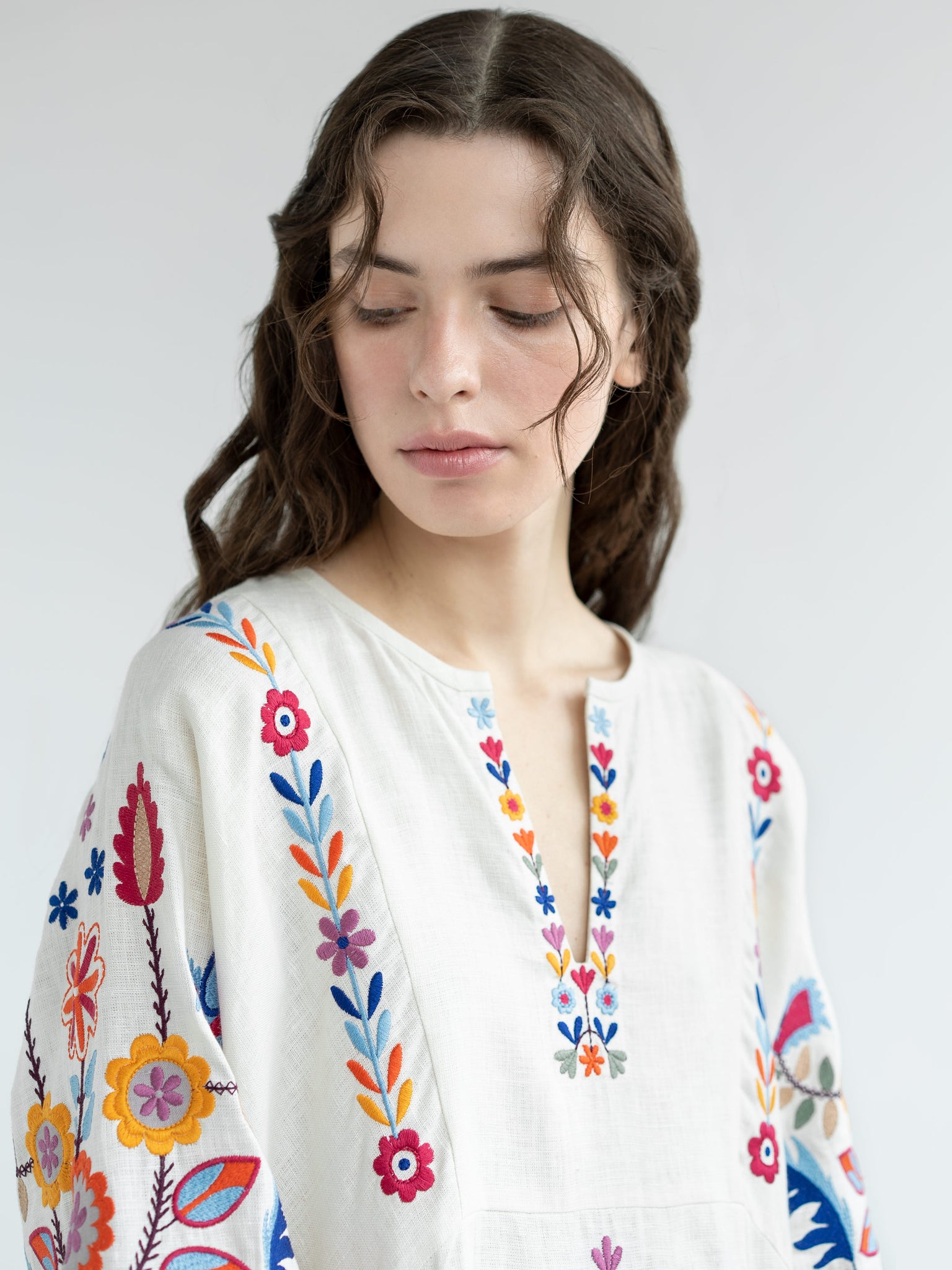 ETNODIM White linen dress with floral embroidery Sobachko