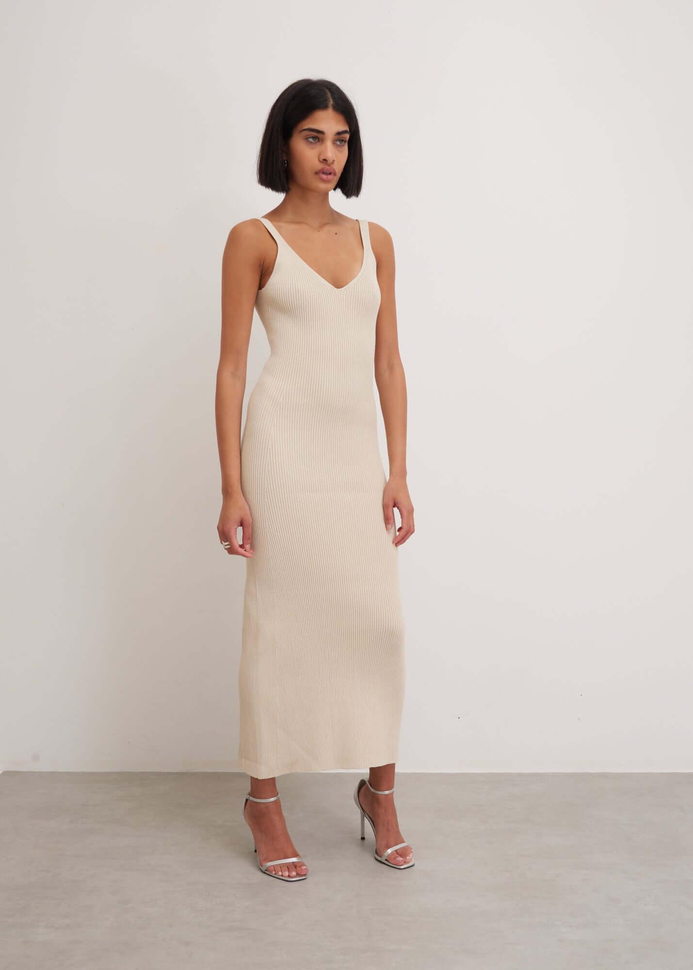 0202 Ivory Ribbed Midi Dress Front View