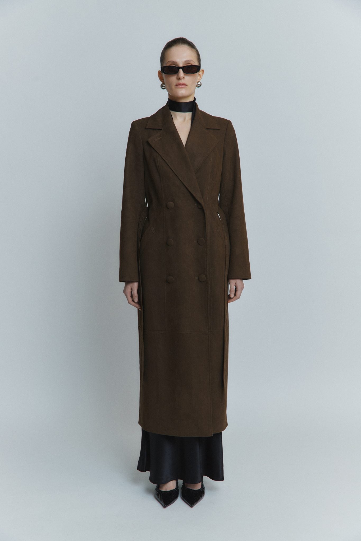 MORANDI DARK BROWN SEMI-FITTED FAUX SUEDE TRENCH COAT