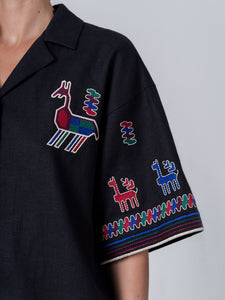 ETNODIM Linen shirt with short sleeves and embroidery Konyk dark