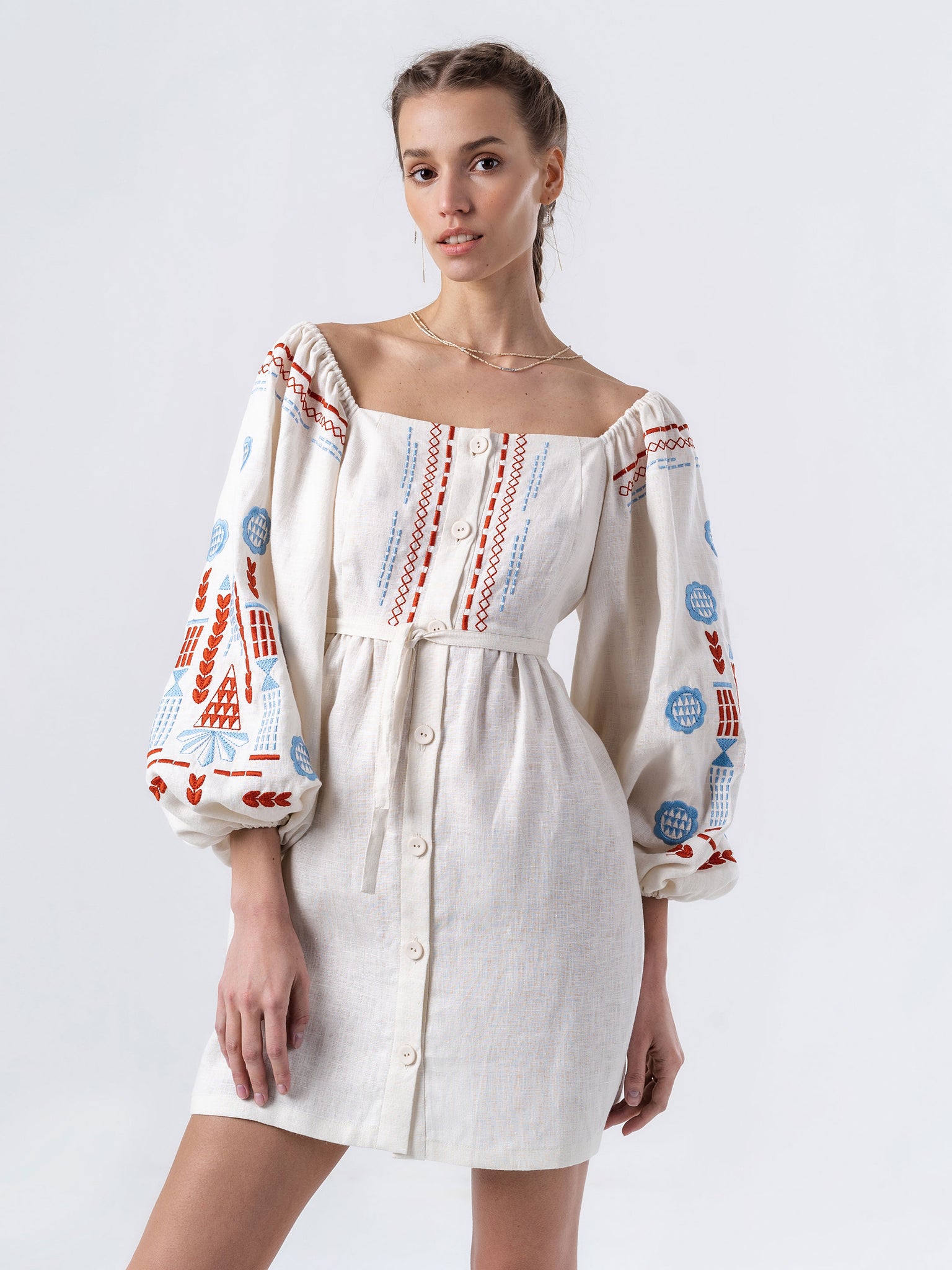 ETNODIM Linen embroidered dress with milk color MOZAIKA