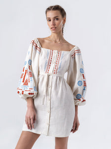 ETNODIM Linen embroidered dress with milk color MOZAIKA