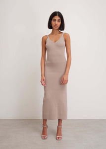 0202 Beige Ribbed Midi Dress Front View