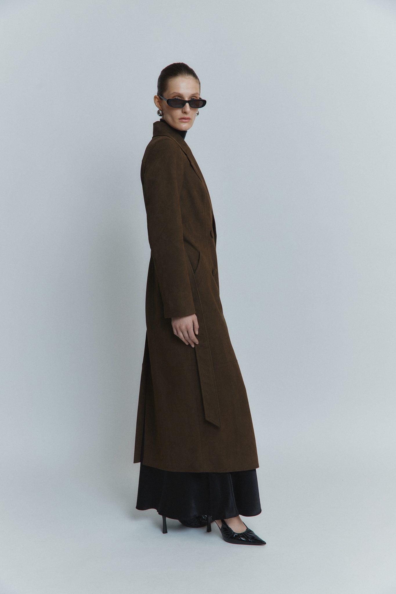 MORANDI DARK BROWN SEMI-FITTED FAUX SUEDE TRENCH COAT
