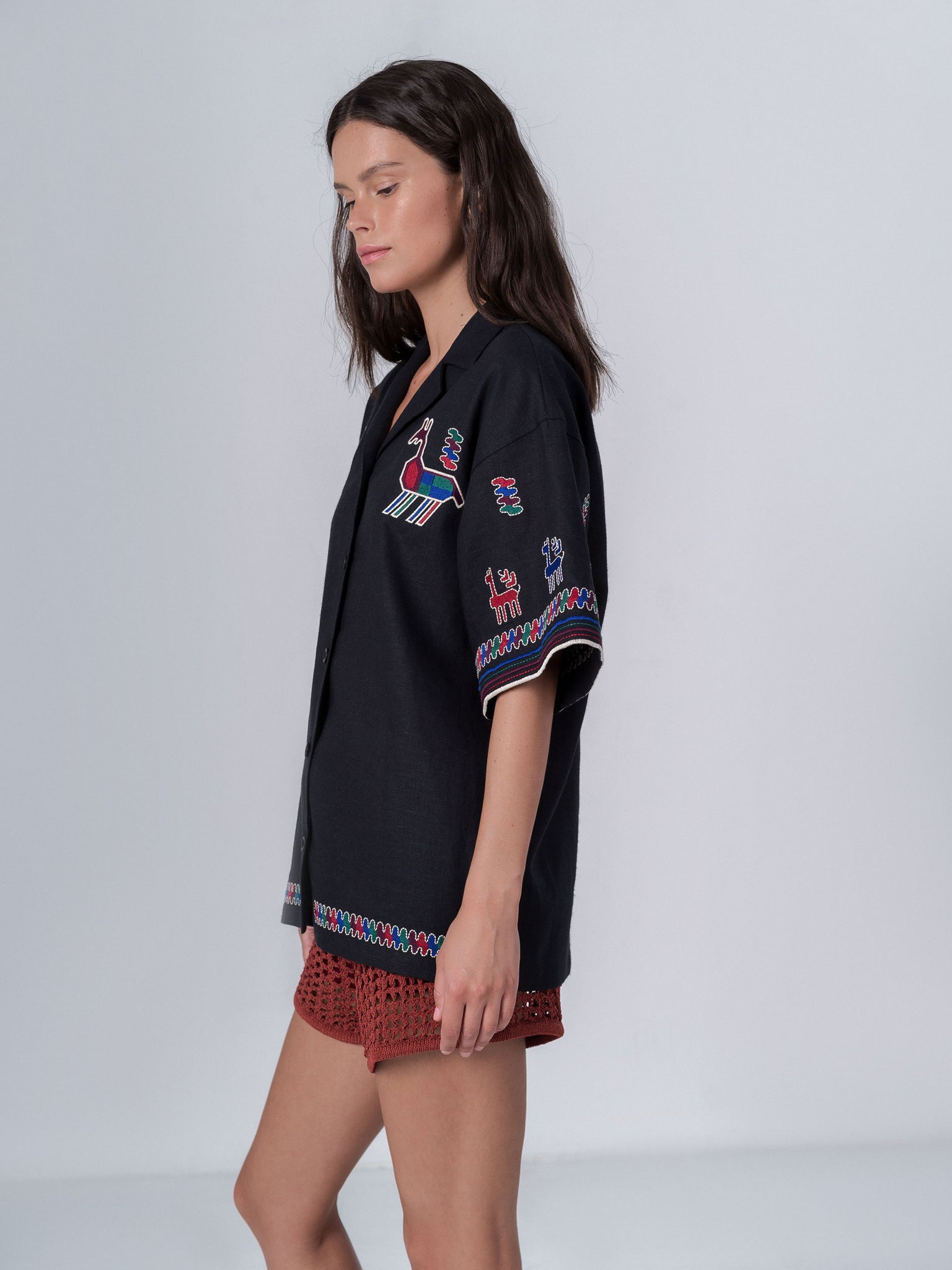 ETNODIM Linen shirt with short sleeves and embroidery Konyk dark