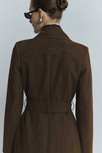 MORANDI DARK BROWN SEMI-FITTED FAUX SUEDE TRENCH COAT