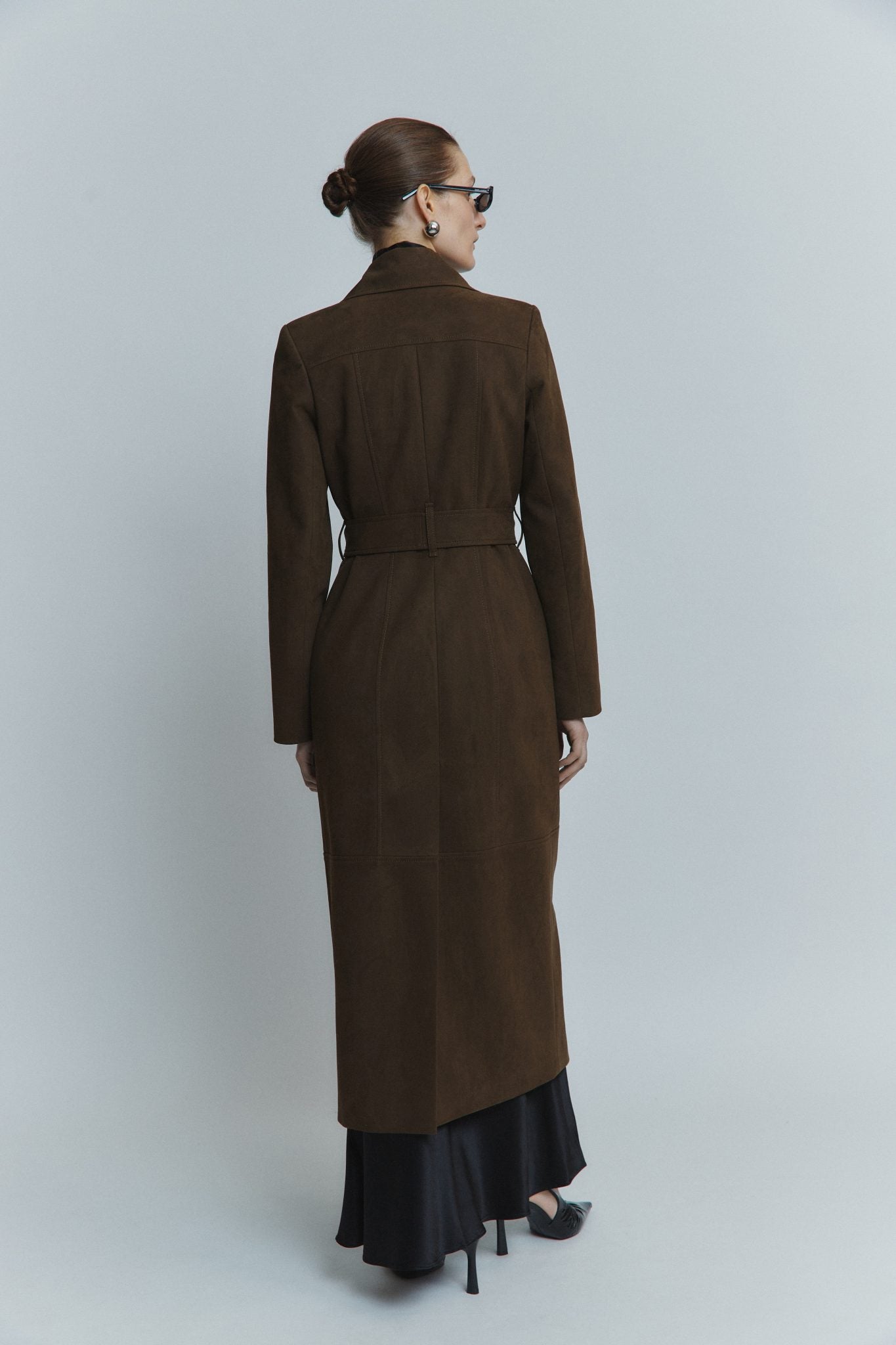 MORANDI DARK BROWN SEMI-FITTED FAUX SUEDE TRENCH COAT