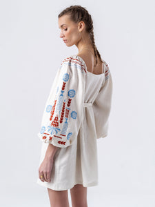 ETNODIM Linen embroidered dress with milk color MOZAIKA