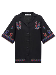 ETNODIM Linen shirt with short sleeves and embroidery Konyk dark