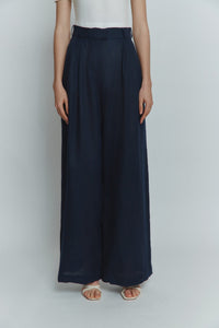 MORANDI NAVY LINEN PALAZZO TROUSERS