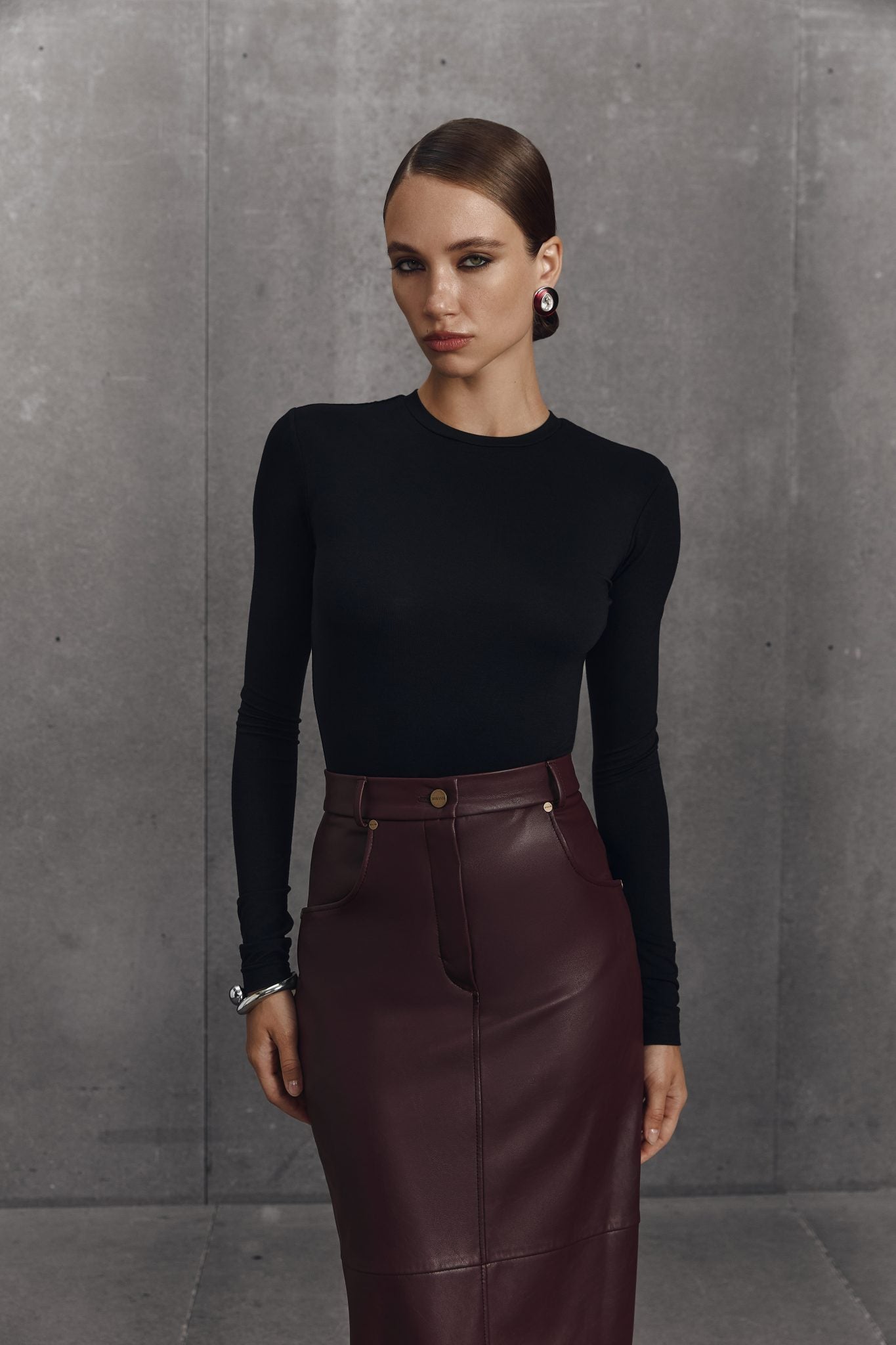 MORANDI BURGUNDY ECO-LEATHER MIDI SKIRT