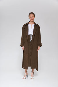 MORANDI DARK BROWN FAUX SUEDE TRENCH COAT