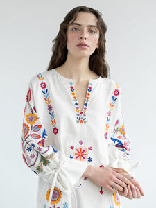 ETNODIM White linen dress with floral embroidery Sobachko