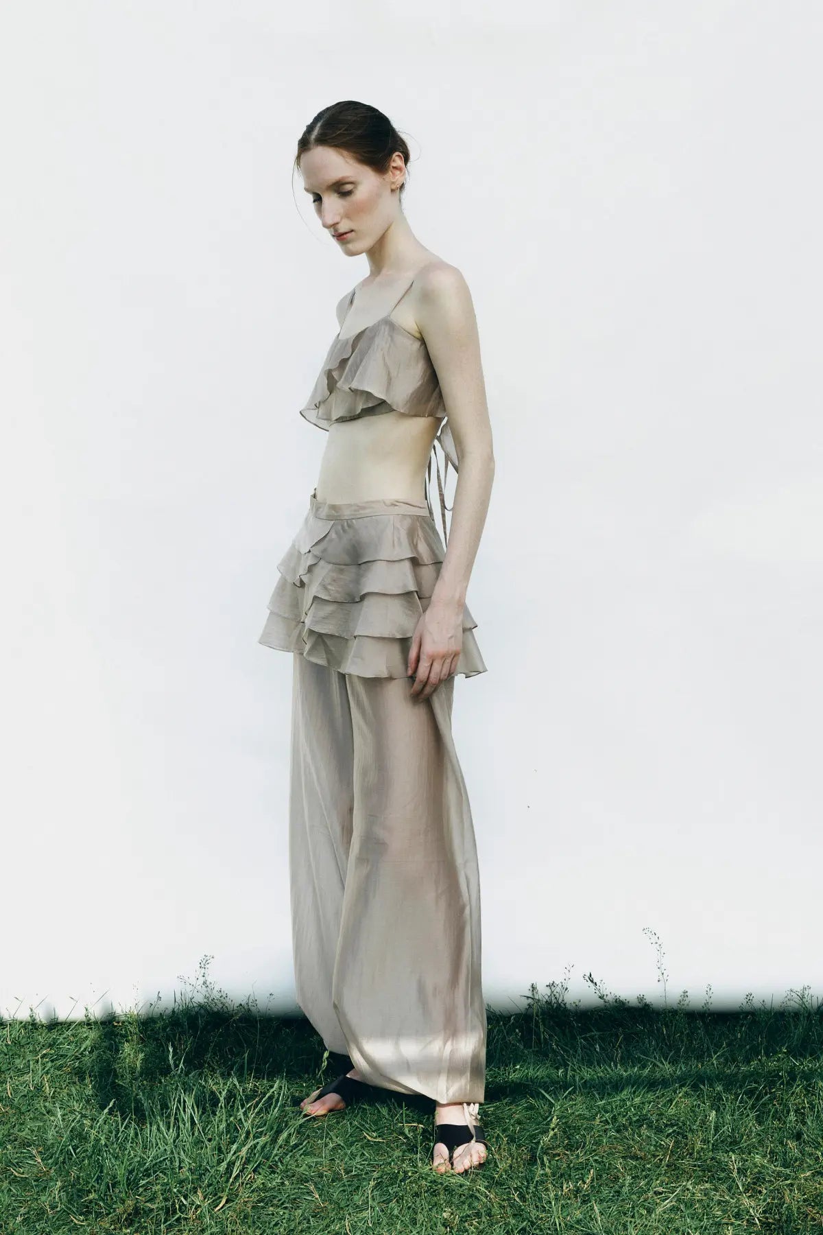 KAFIZOVA TAUPE DRAWSTRING SHEER TROUSERS