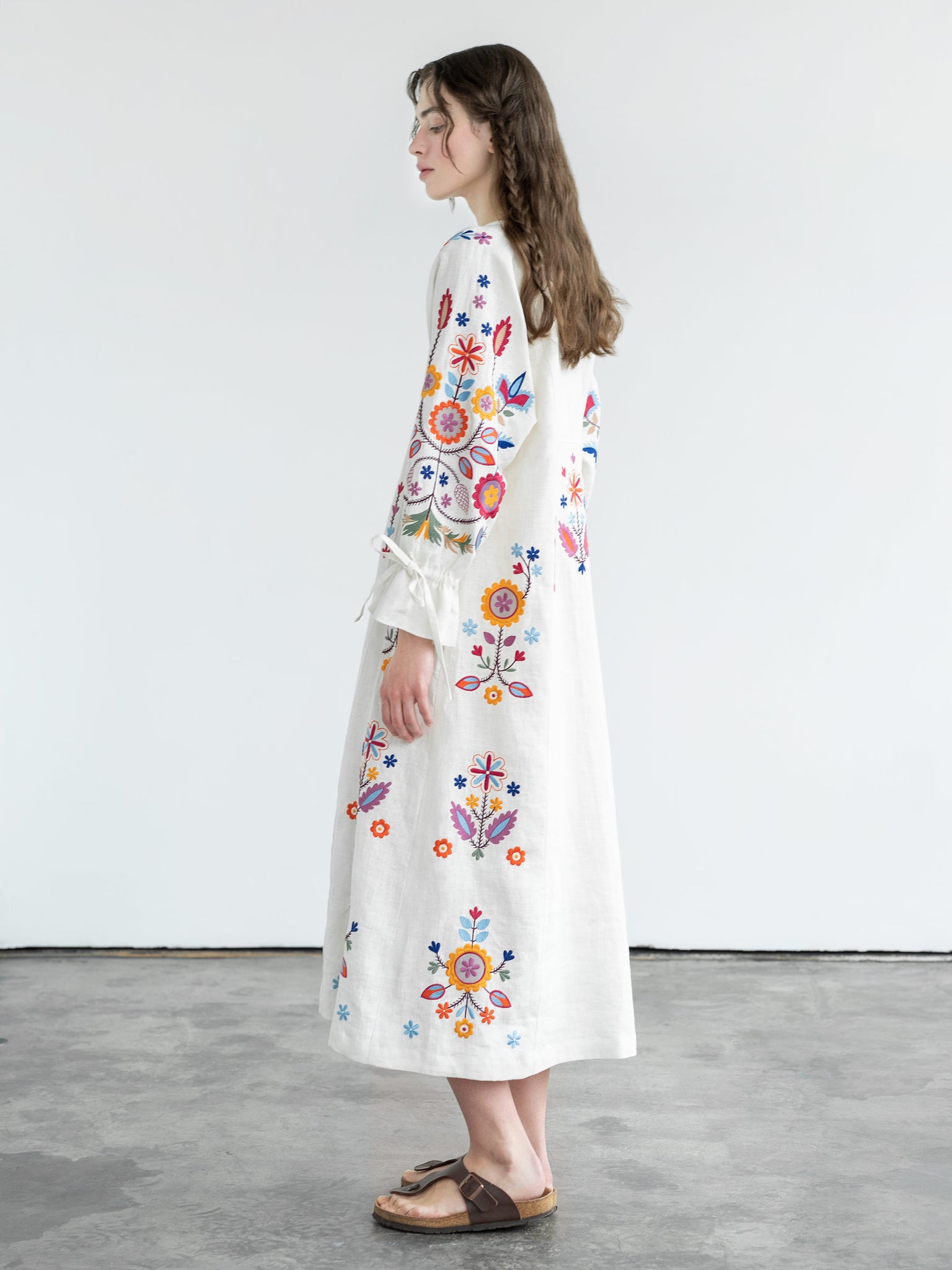 ETNODIM White linen dress with floral embroidery Sobachko