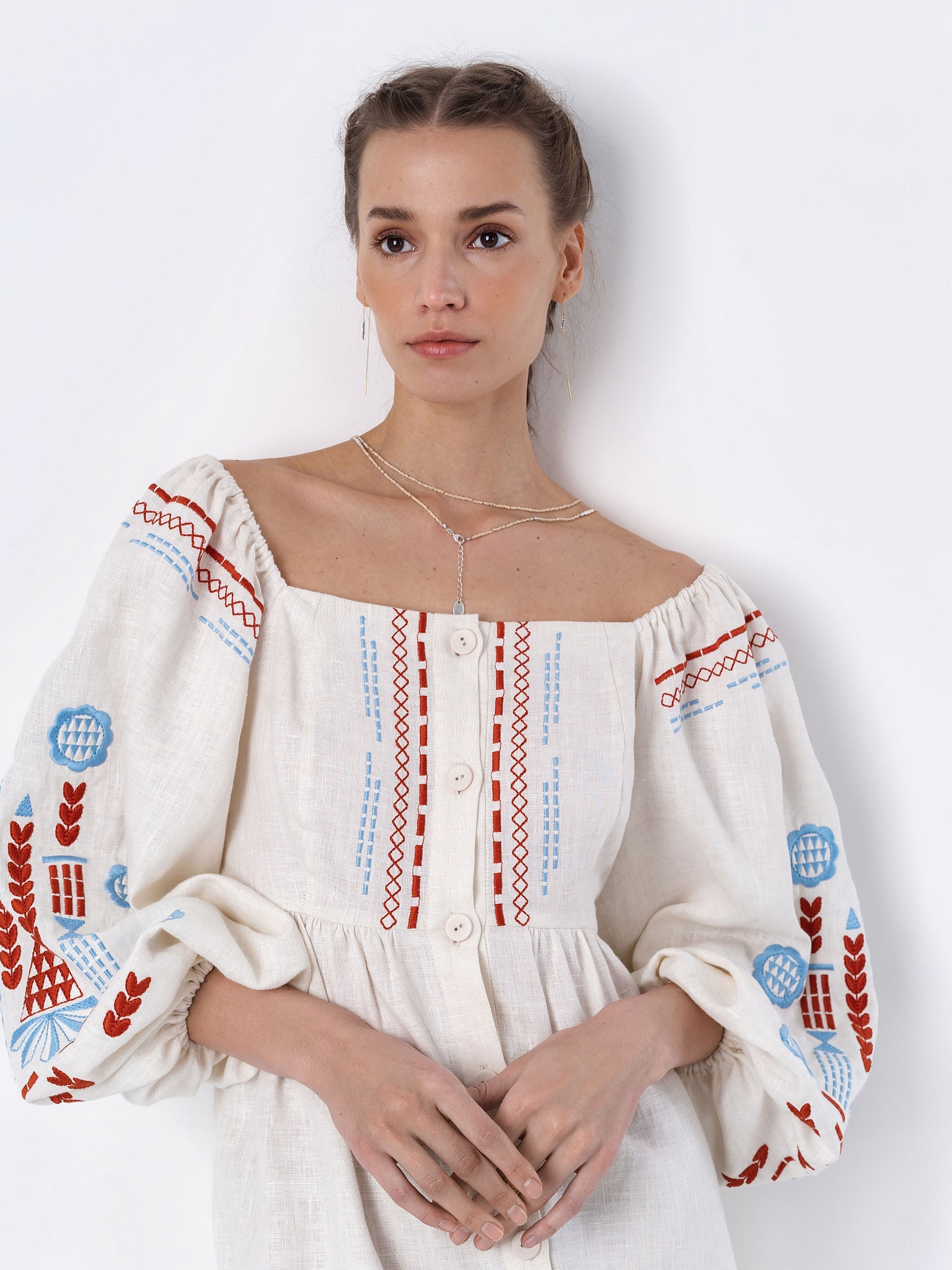 ETNODIM Linen embroidered dress with milk color MOZAIKA