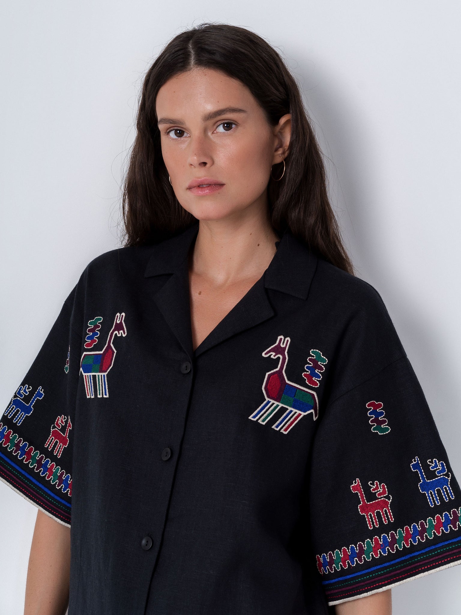 ETNODIM Linen shirt with short sleeves and embroidery Konyk dark