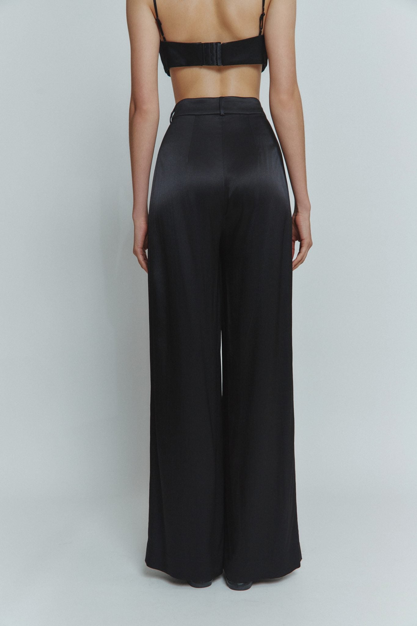 MORANDI BLACK SATIN PALAZZO TROUSERS
