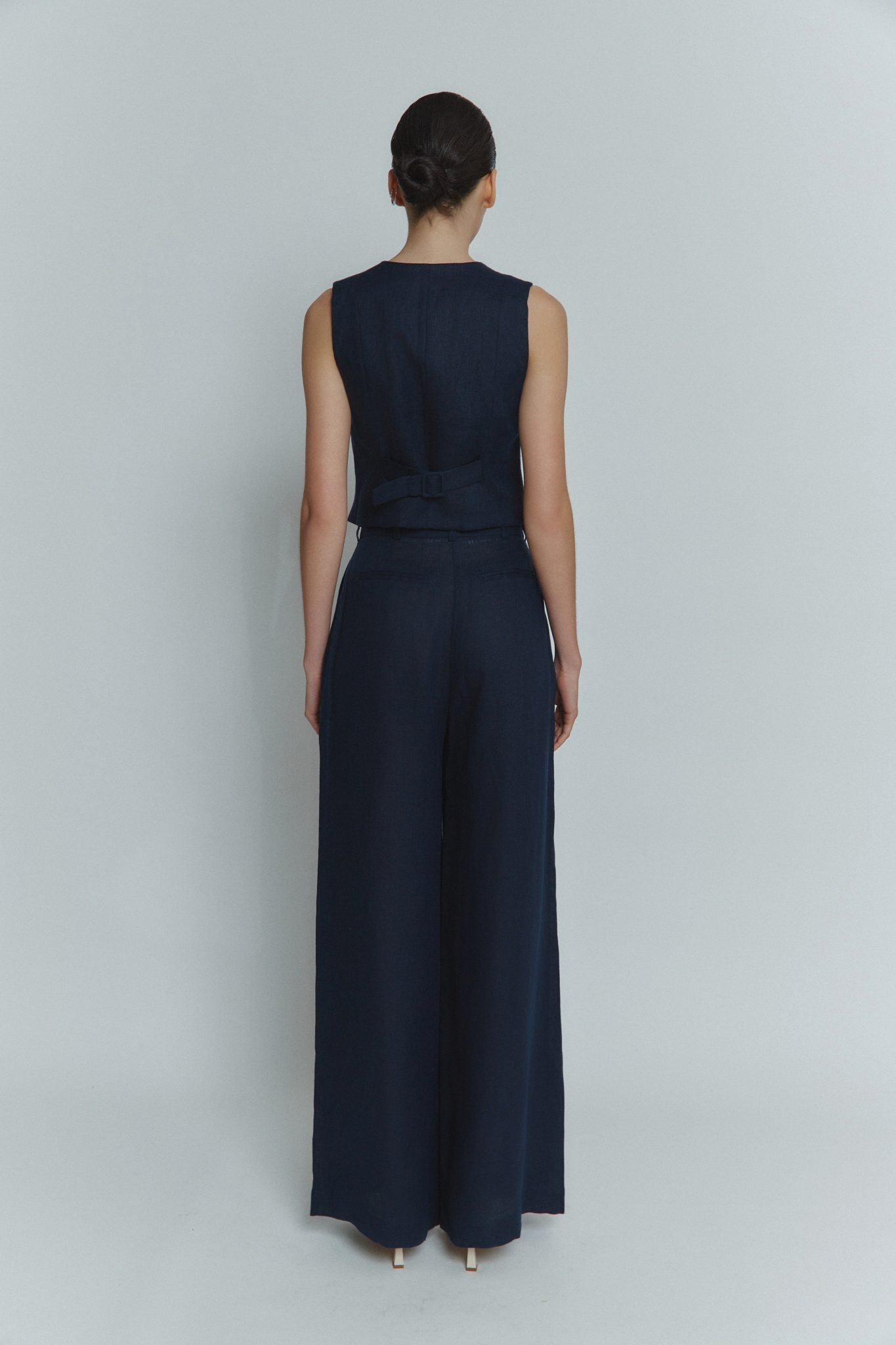 MORANDI NAVY LINEN PALAZZO TROUSERS
