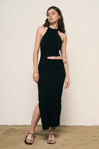 Knitted Black Midi Dress | Elegant Knit & Side Detailing 
