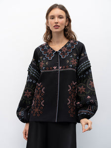 ETNODIM Embroidered jacket made of black linen with a collar Bandura Temna